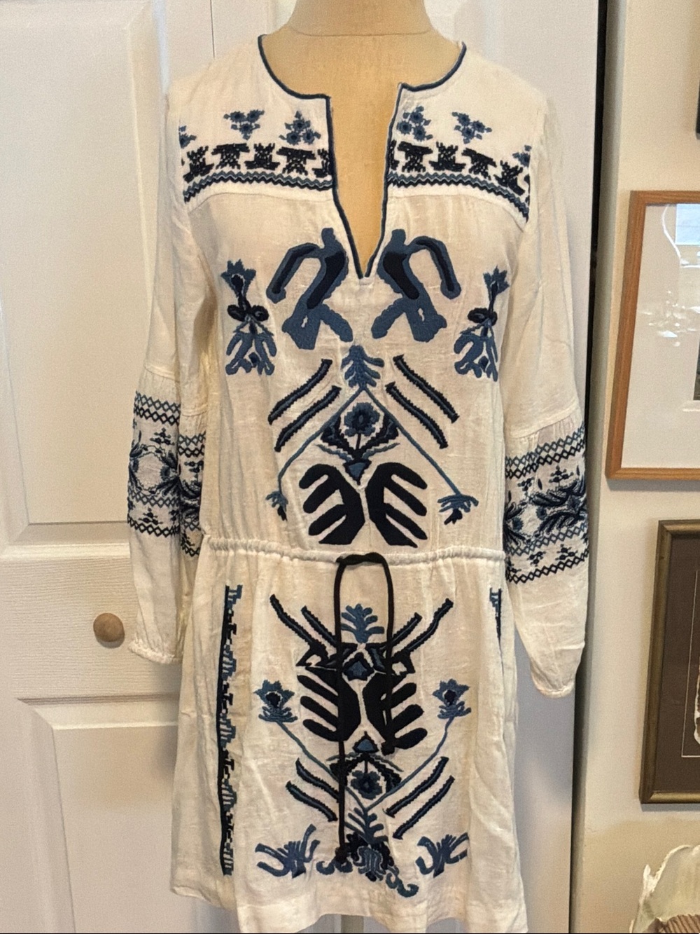 Free People White Tunic Dress with Navy Blue Embroidery